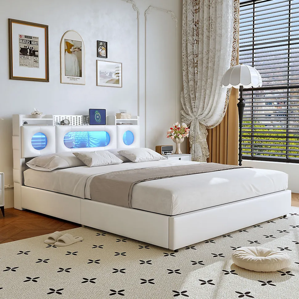 Lit coffre en cuir PU 140x200 cm blanc avec tête de lit lumineuse, rangement à vérins, ports USB et USB-C, design moderne