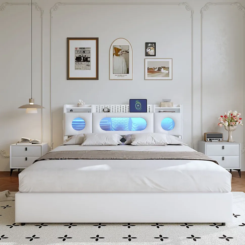 Lit coffre en cuir PU 140x200 cm blanc avec tête de lit lumineuse, rangement à vérins, ports USB et USB-C, design moderne