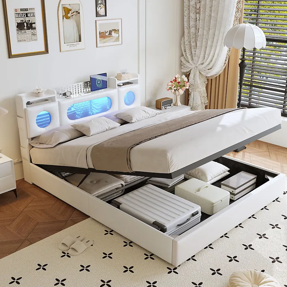 Lit coffre en cuir PU 140x200 cm blanc avec tête de lit lumineuse, rangement à vérins, ports USB et USB-C, design moderne