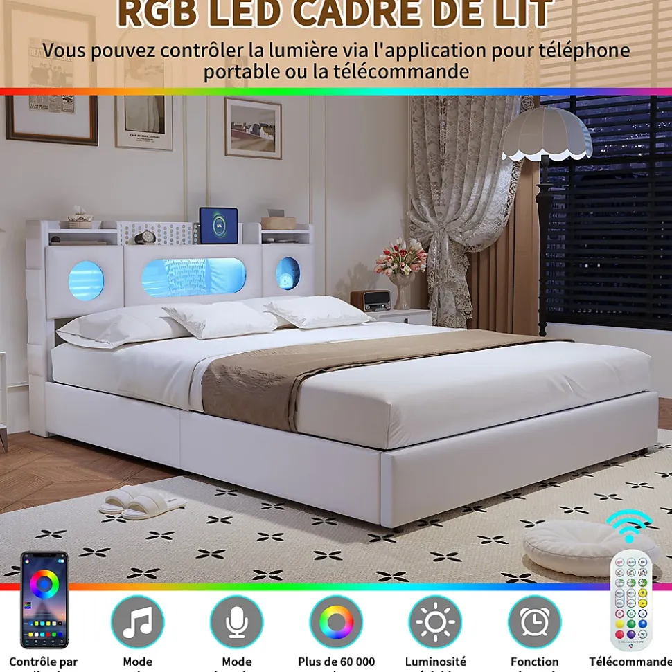 Lit coffre en cuir PU 140x200 cm blanc avec tête de lit lumineuse, rangement à vérins, ports USB et USB-C, design moderne