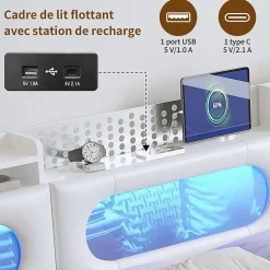 Lit coffre en cuir PU 140x200 cm blanc avec tête de lit lumineuse, rangement à vérins, ports USB et USB-C, design moderne