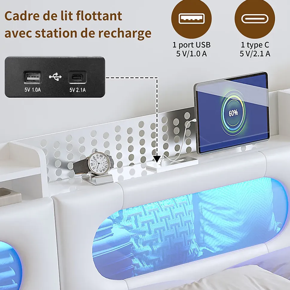 Lit coffre en cuir PU 140x200 cm blanc avec tête de lit lumineuse, rangement à vérins, ports USB et USB-C, design moderne