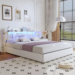 Lit coffre en cuir PU 140x200 cm blanc avec tête de lit lumineuse, rangement à vérins, ports USB et USB-C, design moderne