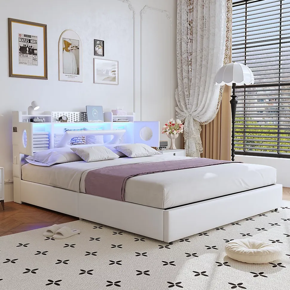 Lit coffre en cuir PU 140x200 cm blanc avec tête de lit lumineuse, rangement à vérins, ports USB et USB-C, design moderne