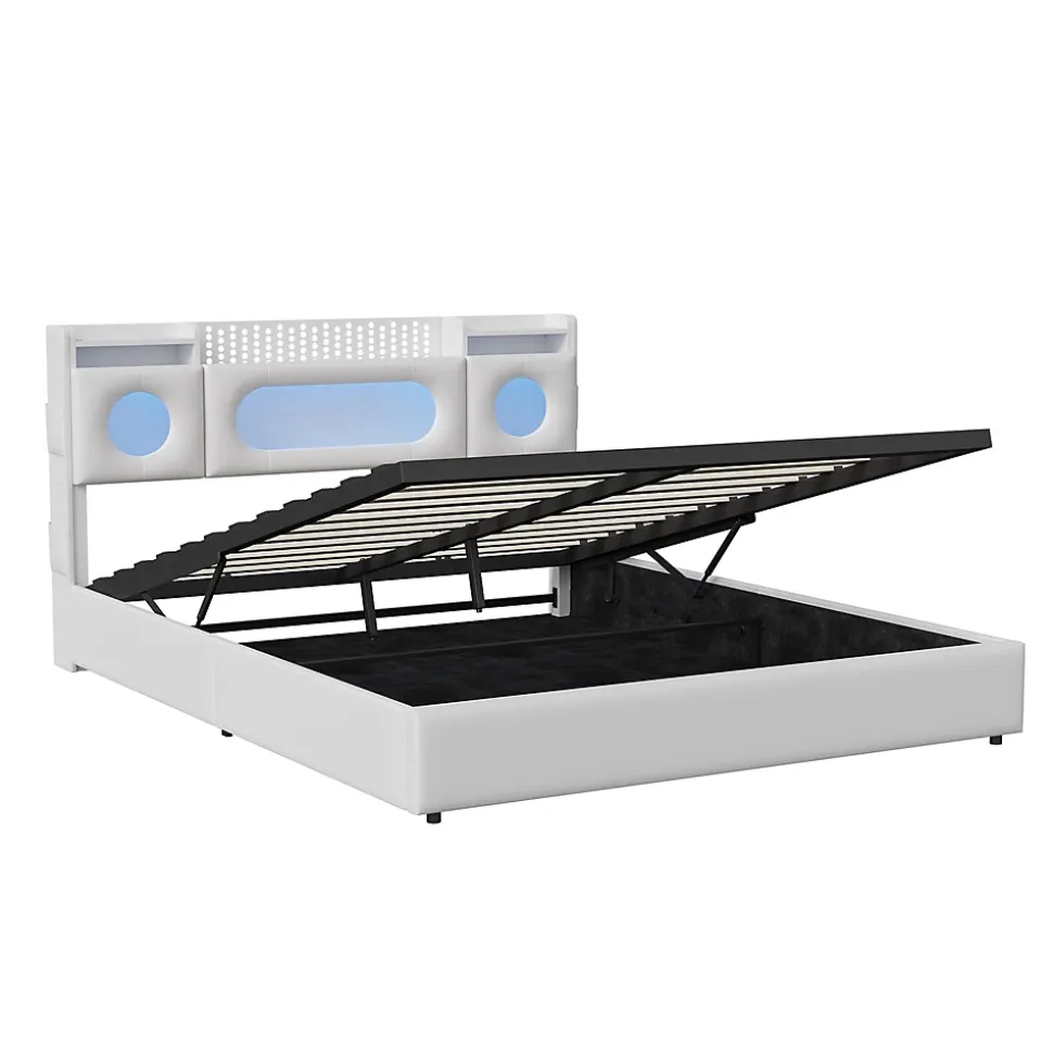 Lit coffre en cuir PU 140x200 cm blanc avec tête de lit lumineuse, rangement à vérins, ports USB et USB-C, design moderne
