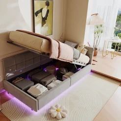 Lit Coffre Enfant 90x200cm Avec Coffre Hydraulique,éclairage LED Et USB,avec Sommier à Lattes,gris