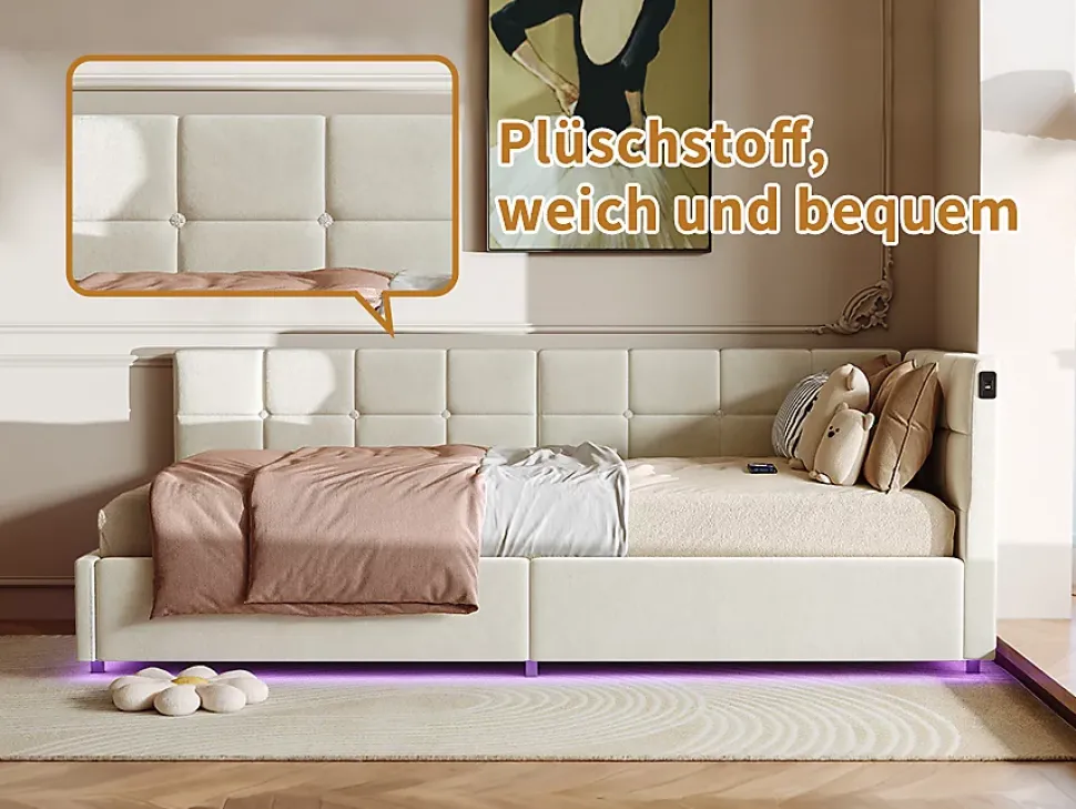 Lit Coffre Enfant 90x200cm Avec Coffre Hydraulique,éclairage LED Et USB,avec Sommier à Lattes,beige