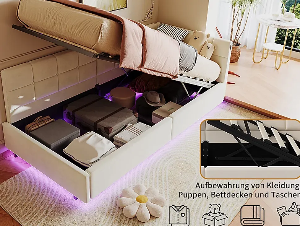 Lit Coffre Enfant 90x200cm Avec Coffre Hydraulique,éclairage LED Et USB,avec Sommier à Lattes,beige