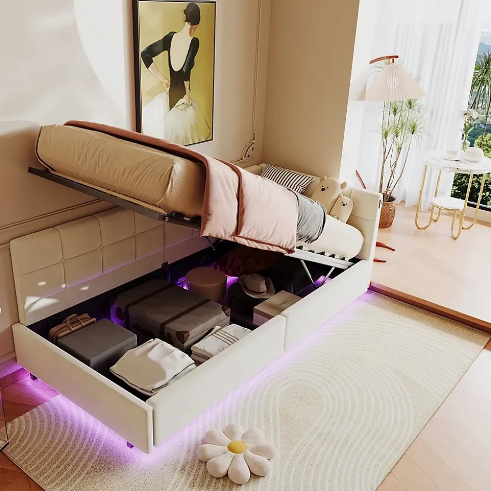 Lit Coffre Enfant 90x200cm Avec Coffre Hydraulique,éclairage LED Et USB,avec Sommier à Lattes,beige