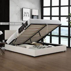 Lit coffre Juva rembourré avec velours côtelé 160 x 200 cm beige Corium