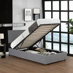 Lit coffre Juva rembourré avec velours côtelé 90 x 200 cm gris Corium