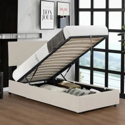 Lit coffre Juva rembourré avec velours côtelé 90 x 200 cm beige Corium