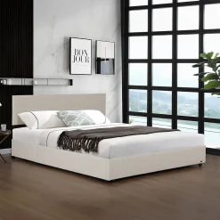 Lit coffre Juva rembourré avec velours côtelé 140 x 200 cm beige Corium