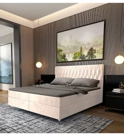 Lit Coffre KINGSTON 160x200 cm Velours Beige avec Tete de Lit Matelas Inclus et Rangement Integre