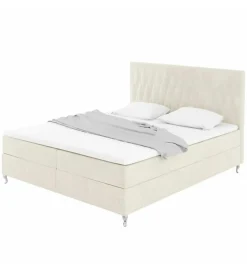 Lit Coffre KINGSTON 160x200 cm Velours Beige avec Tete de Lit Matelas Inclus et Rangement Integre