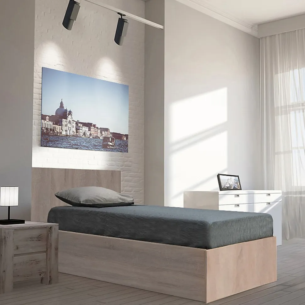 Lit coffre MADRID 90x190 + 1 sommier / Décor Chêne Blanchi