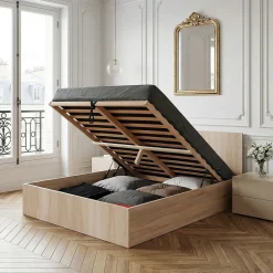 Lit coffre MADRID 140x200 + 1 sommier / Décor Chêne Blanchi