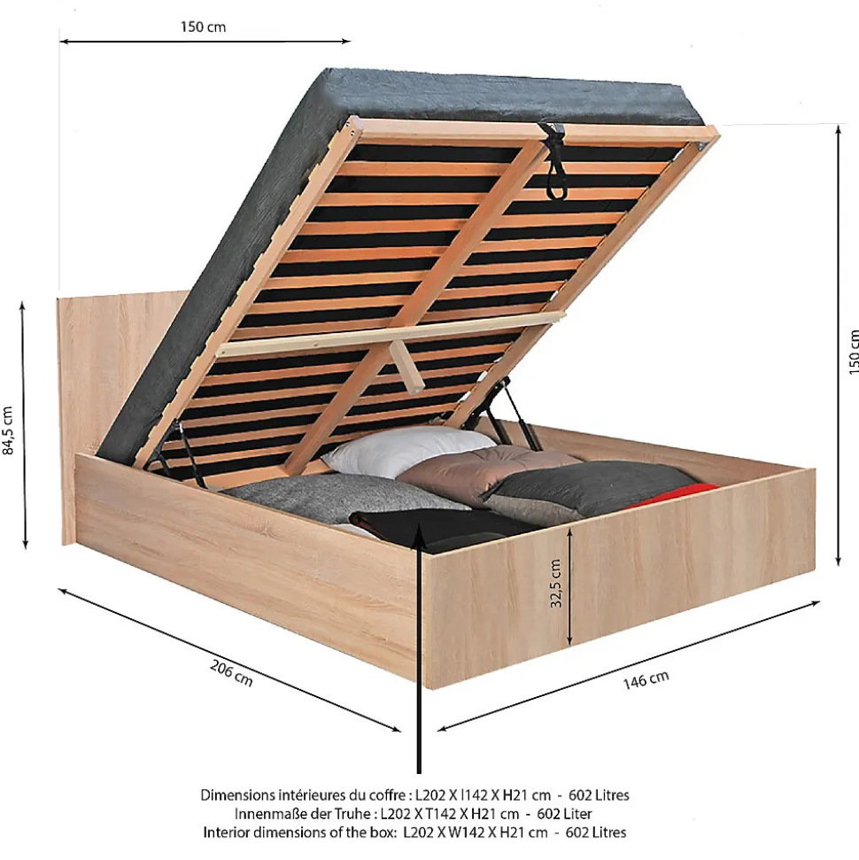 Lit coffre MADRID 140x200 + 1 sommier / Décor Chêne Blanchi