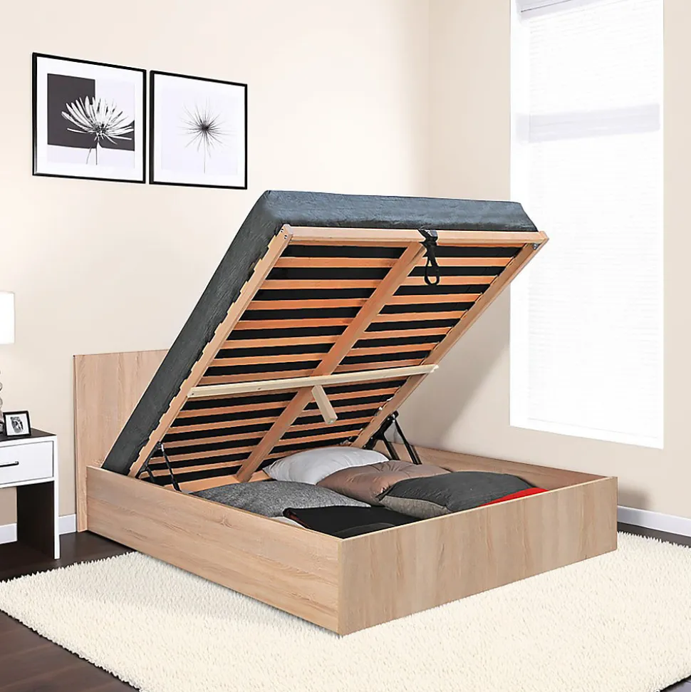 Lit coffre MADRID 140x200 + 1 sommier / Décor Chêne Blanchi