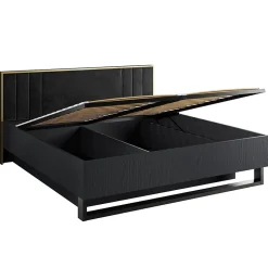 Lit coffre MONDO 160x200 cm Noir structuré et doré Pieds métal Sommier inclus