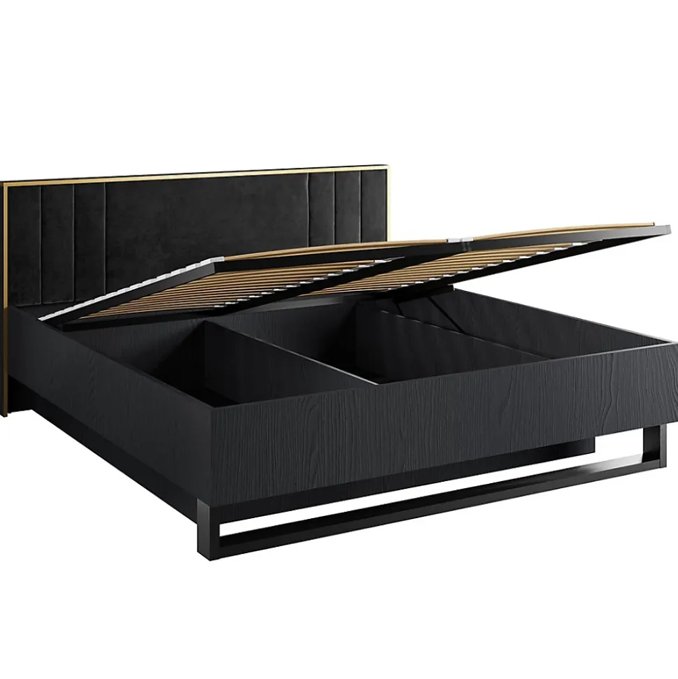 Lit coffre MONDO 160x200 cm Noir structuré et doré Pieds métal Sommier inclus