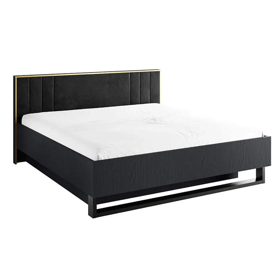 Lit coffre MONDO 160x200 cm Noir structuré et doré Pieds métal Sommier inclus
