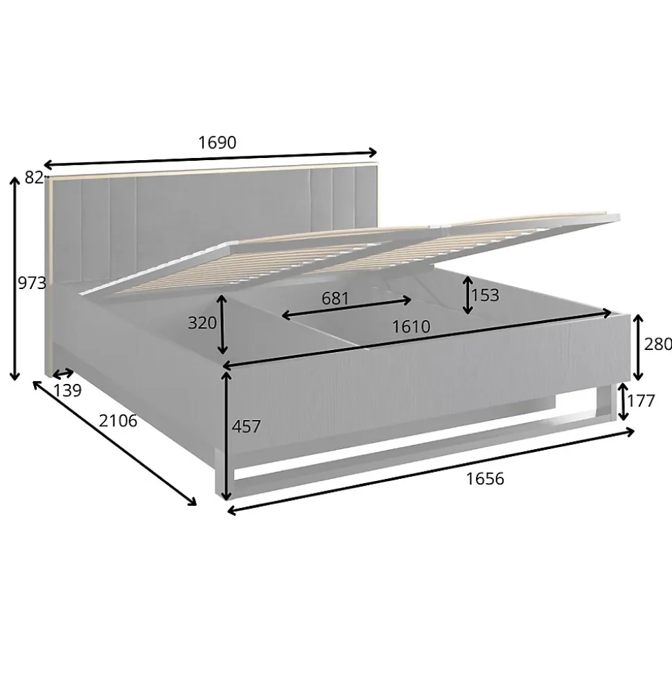 Lit coffre MONDO 160x200 cm Noir structuré et doré Pieds métal Sommier inclus
