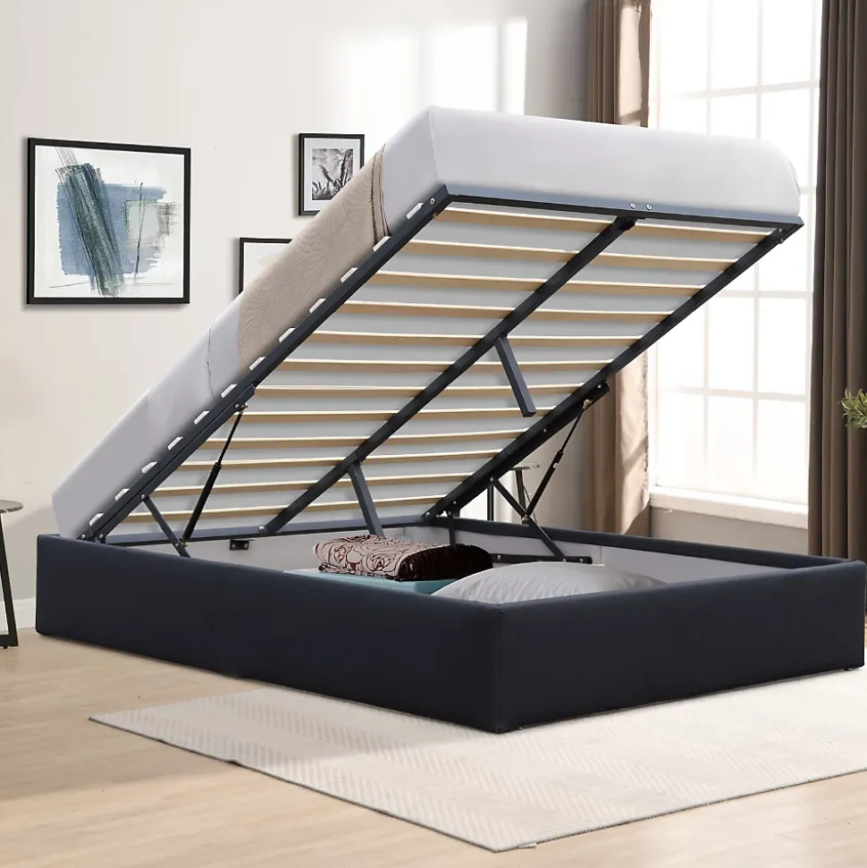 Lit coffre noir 180x200 cm - dehoussable - montage rapide - confort optimal - - lit avec 14 lattes