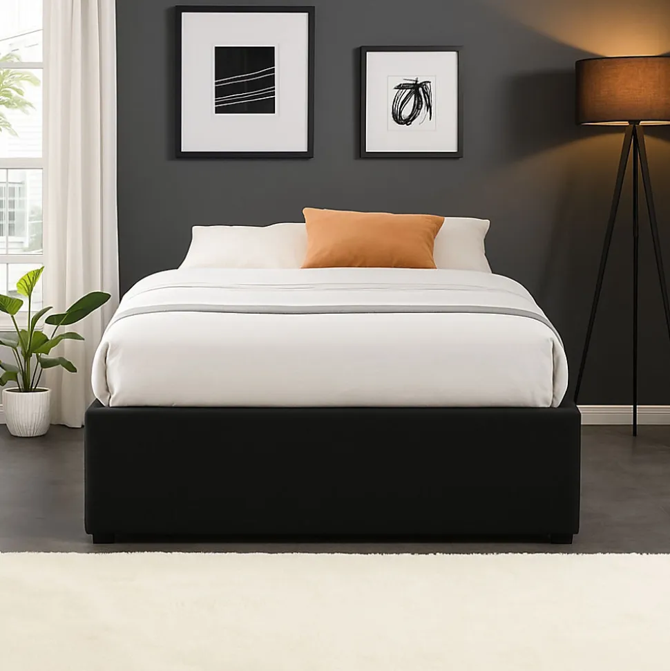 Lit coffre noir 90x190 cm - montage rapide - 12 lattes - design moderne - espace de rangement - tendance