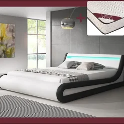 Lit coffre PARISINA 180x200 cm blanc et noir simili cuir LED