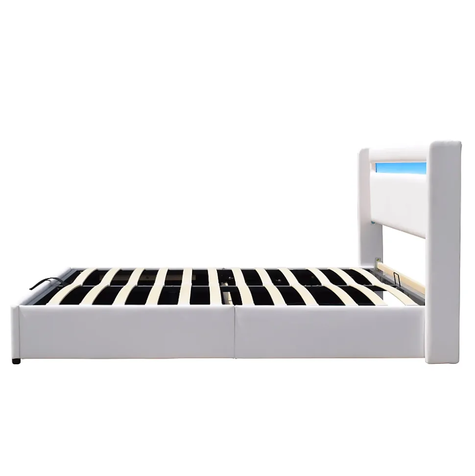 Lit coffre rangement 140x190 cm avec tete de lit LED - 12 lattes - montage rapide et facile - confort optimal - design moderne -