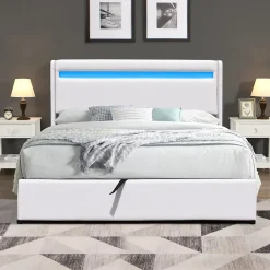 Lit coffre rangement 140x190 cm avec tete de lit LED - 12 lattes - montage rapide et facile - confort optimal - design moderne -