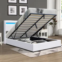 Lit coffre rangement 140x190 cm avec tete de lit LED - 12 lattes - montage rapide et facile - confort optimal - design moderne -