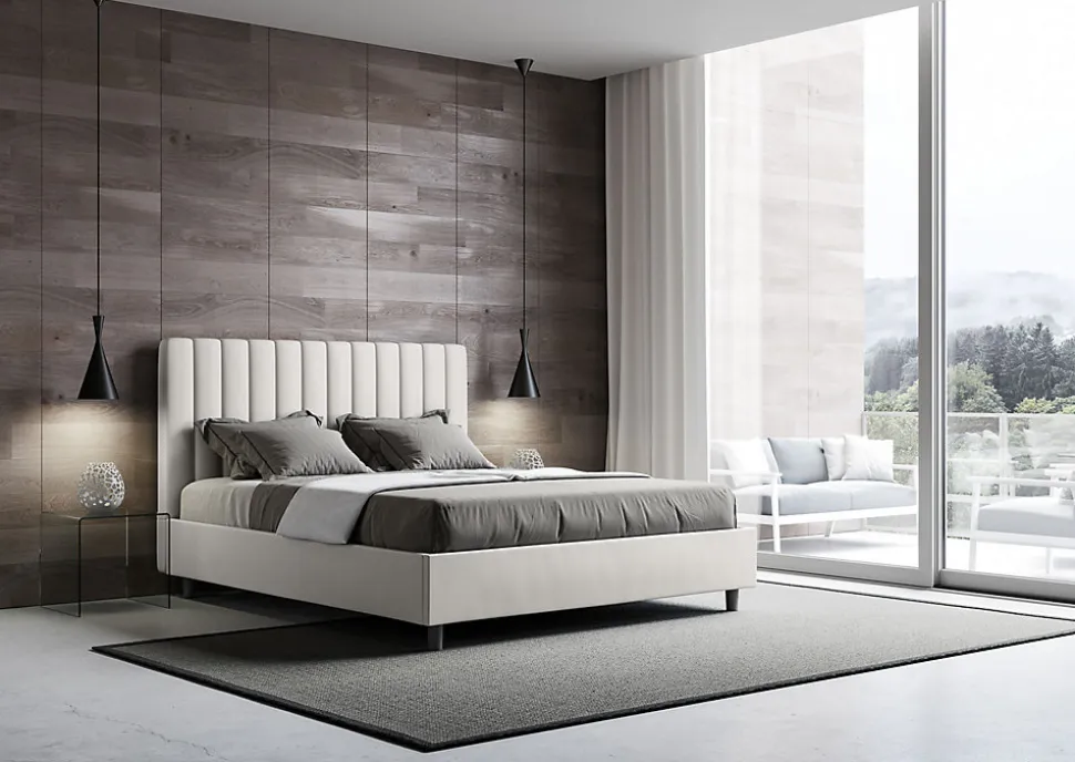 Lit coffre rembourré en simili cuir blanc Agueda 160x200