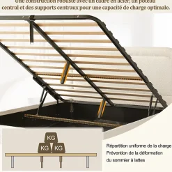 Lit coffre rembourré 140x190 cm avec rangement - Tête de lit rembourrée - Sommier à lattes - Tissu bouclé - Beige(sans matelas)
