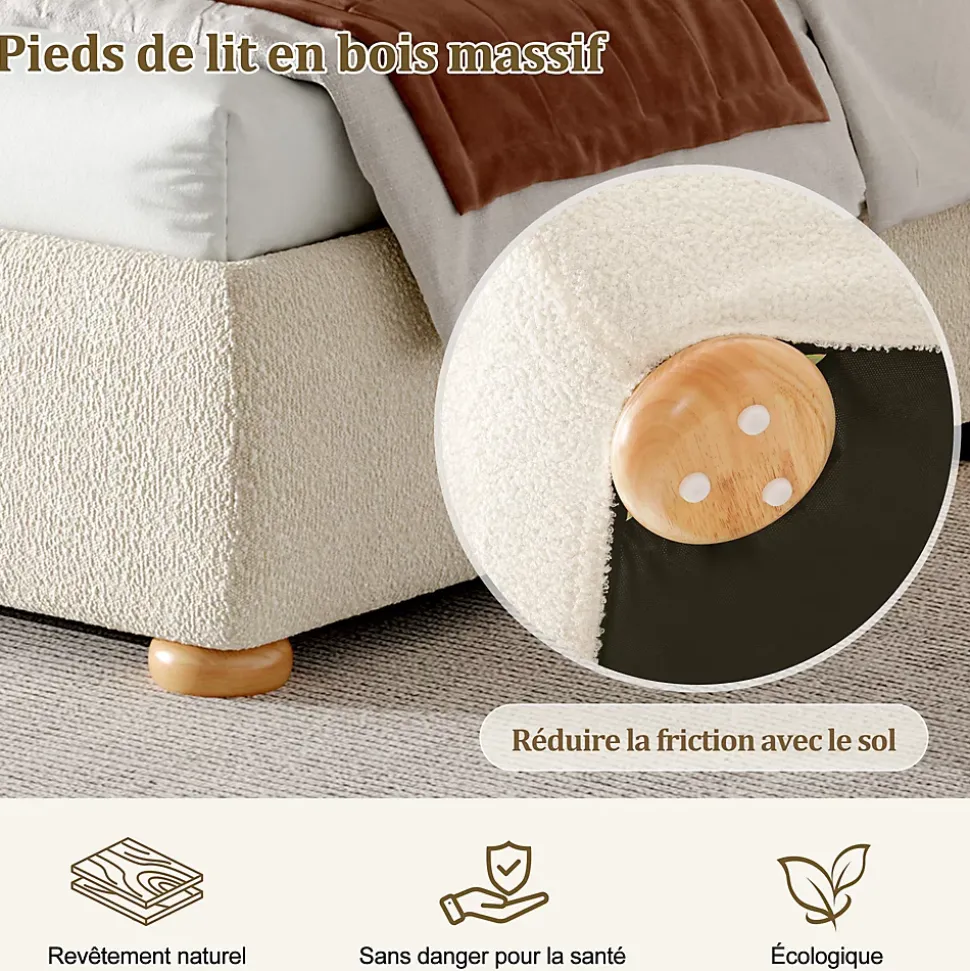 Lit coffre rembourré 140x190 cm avec rangement - Tête de lit rembourrée - Sommier à lattes - Tissu bouclé - Beige(sans matelas)