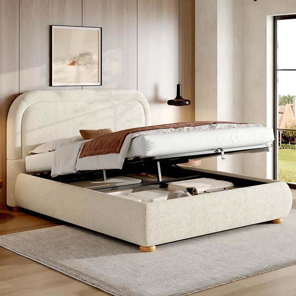 Lit coffre rembourré 140x190 cm avec rangement - Tête de lit rembourrée - Sommier à lattes - Tissu bouclé - Beige(sans matelas)