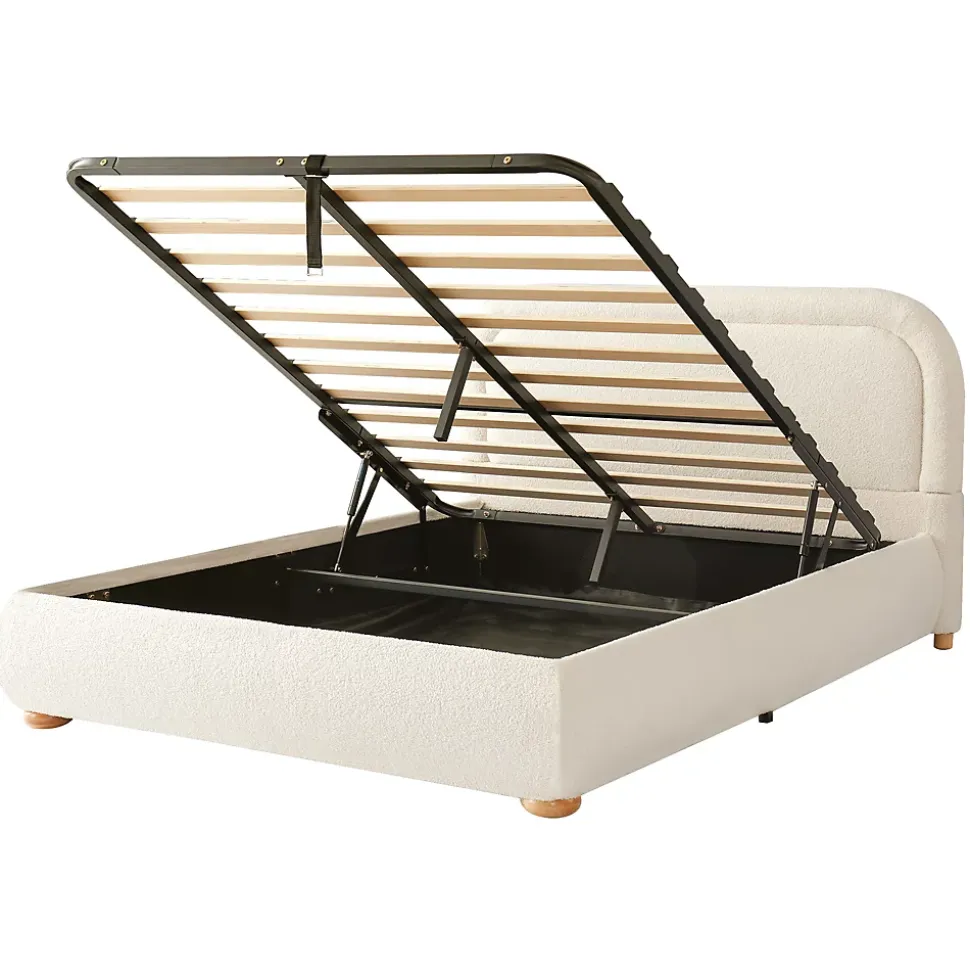 Lit coffre rembourré 140x190 cm avec rangement - Tête de lit rembourrée - Sommier à lattes - Tissu bouclé - Beige(sans matelas)