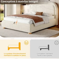 Lit coffre rembourré 140x190 cm avec rangement - Tête de lit rembourrée - Sommier à lattes - Tissu bouclé - Beige(sans matelas)