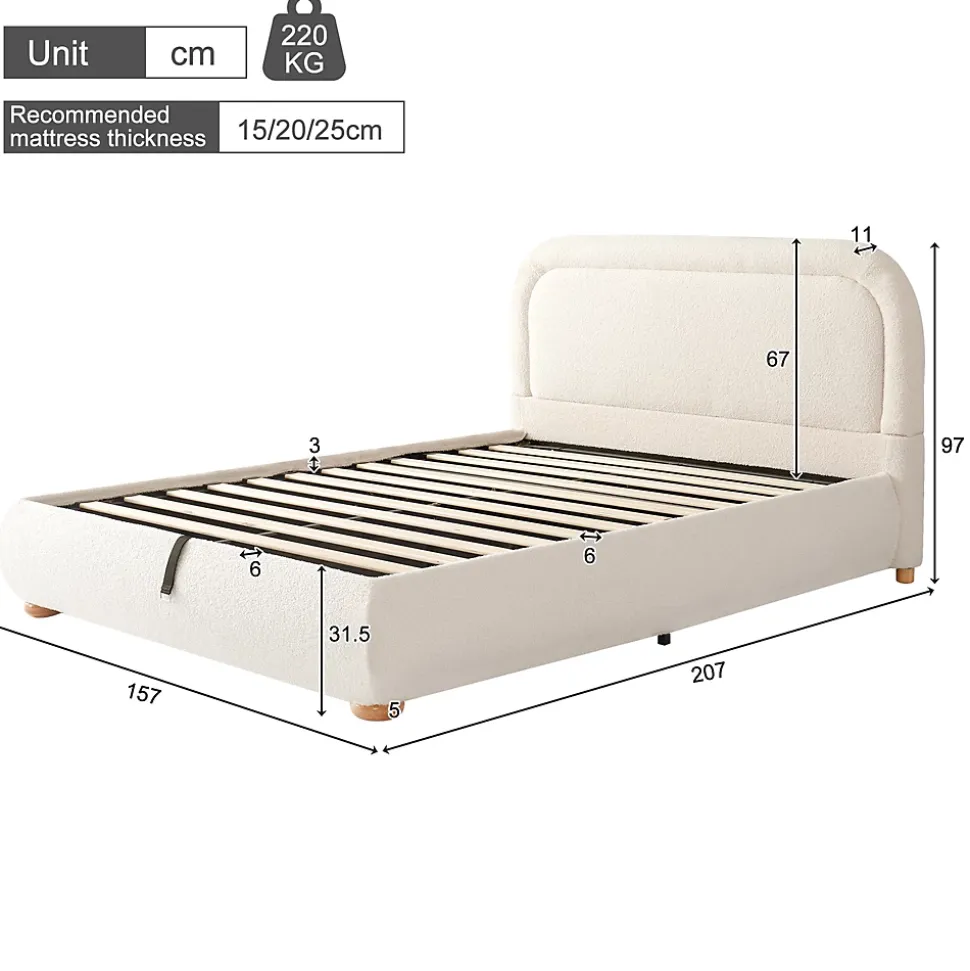 Lit coffre rembourré 140x190 cm avec rangement - Tête de lit rembourrée - Sommier à lattes - Tissu bouclé - Beige(sans matelas)
