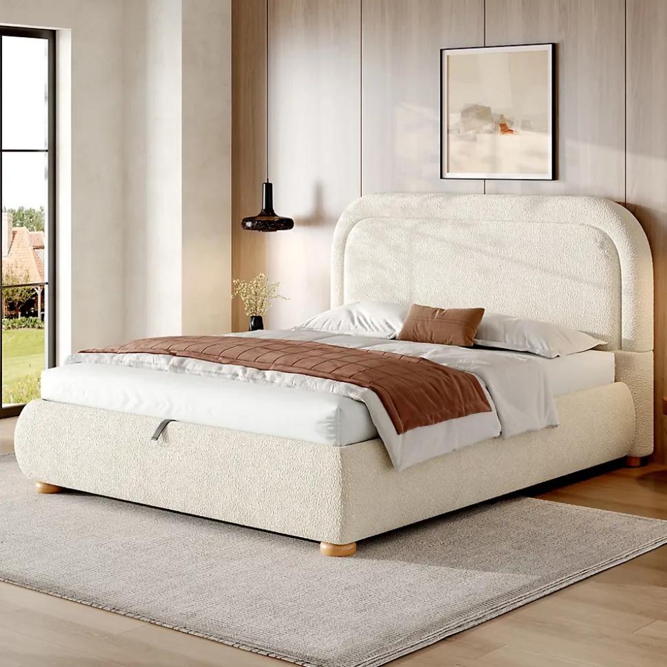 Lit coffre rembourré 140x190 cm avec rangement - Tête de lit rembourrée - Sommier à lattes - Tissu bouclé - Beige(sans matelas)