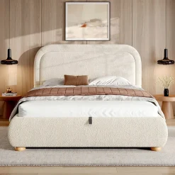Lit coffre rembourré 140x190 cm avec rangement - Tête de lit rembourrée - Sommier à lattes - Tissu bouclé - Beige(sans matelas)