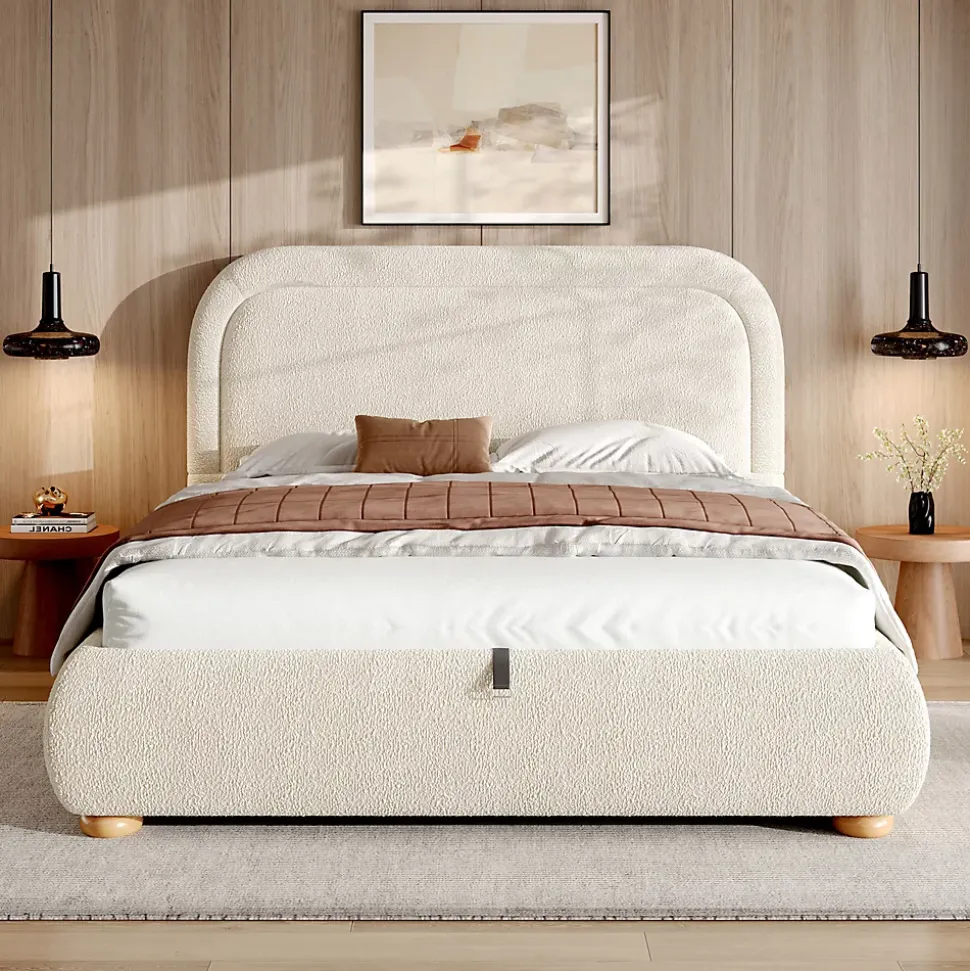 Lit coffre rembourré 140x190 cm avec rangement - Tête de lit rembourrée - Sommier à lattes - Tissu bouclé - Beige(sans matelas)