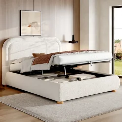 Lit coffre rembourré 140x190 cm avec rangement - Tête de lit rembourrée - Sommier à lattes - Tissu bouclé - Blanc(sans matelas)