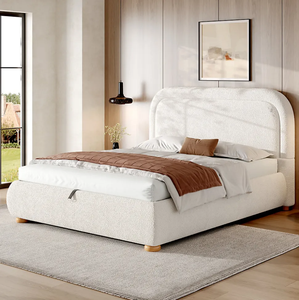 Lit coffre rembourré 140x190 cm avec rangement - Tête de lit rembourrée - Sommier à lattes - Tissu bouclé - Blanc(sans matelas)