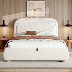 Lit coffre rembourré 140x190 cm avec rangement - Tête de lit rembourrée - Sommier à lattes - Tissu bouclé - Blanc(sans matelas)