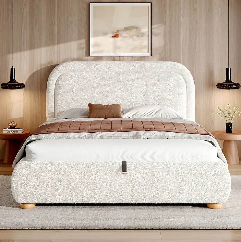 Lit coffre rembourré 140x190 cm avec rangement - Tête de lit rembourrée - Sommier à lattes - Tissu bouclé - Blanc(sans matelas)