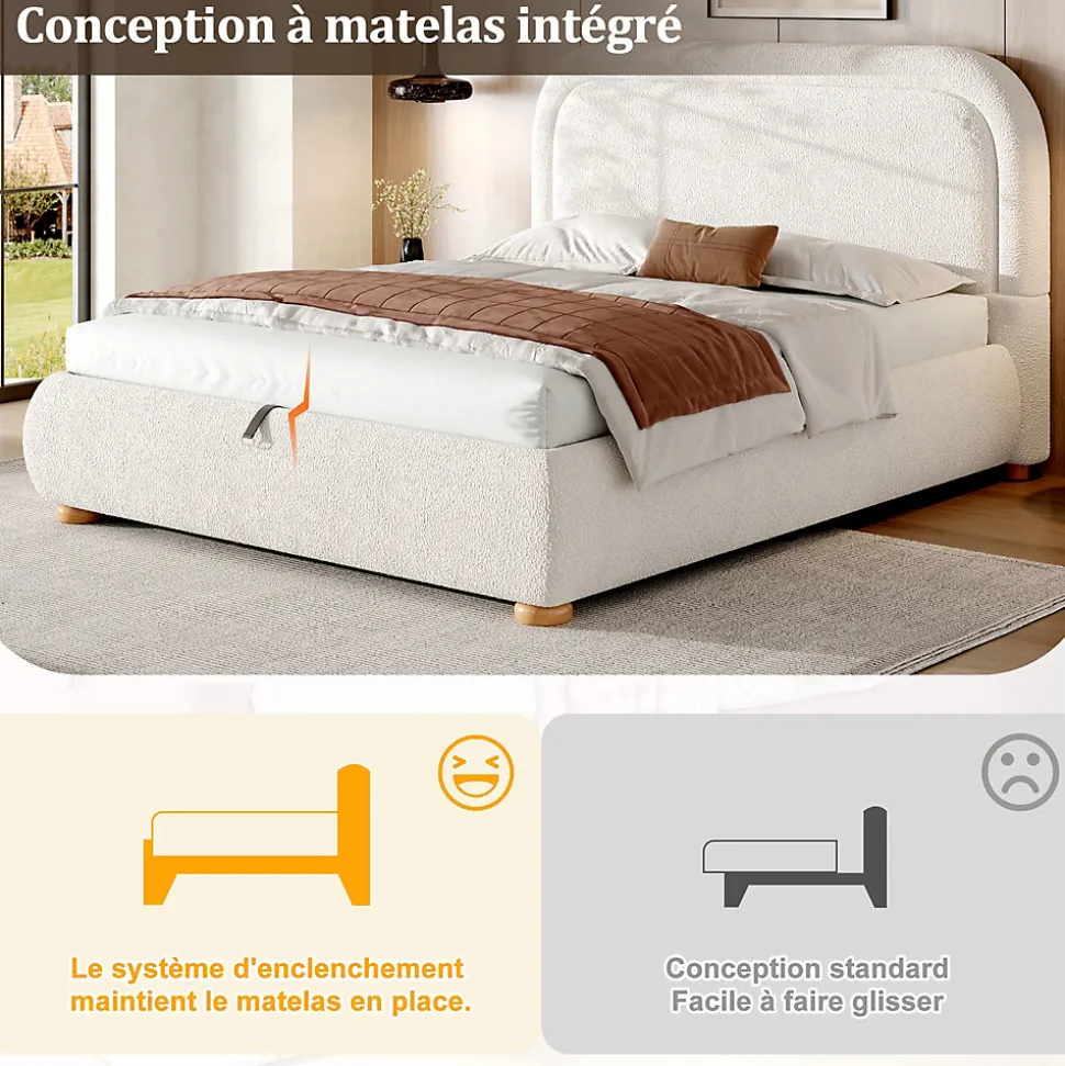 Lit coffre rembourré 140x190 cm avec rangement - Tête de lit rembourrée - Sommier à lattes - Tissu bouclé - Blanc(sans matelas)