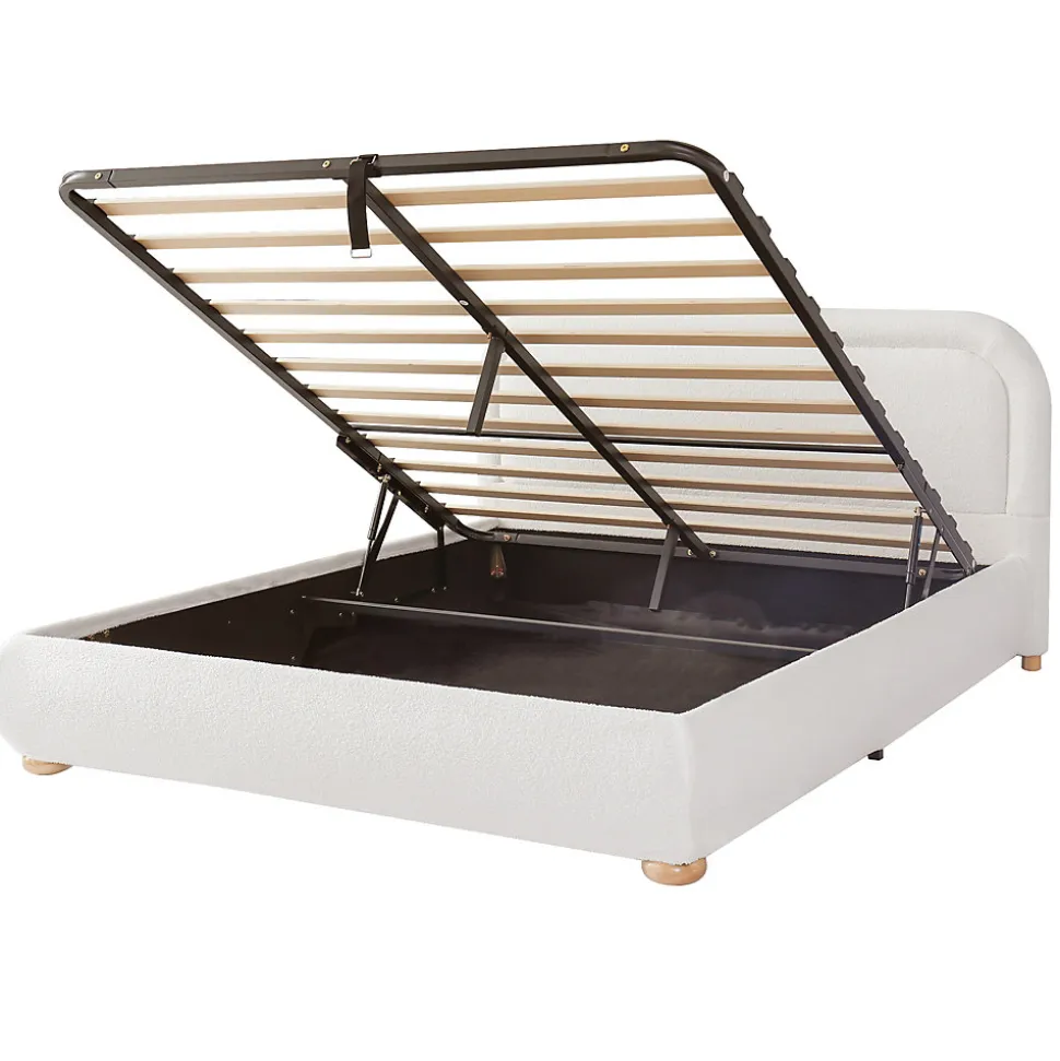 Lit coffre rembourré 140x190 cm avec rangement - Tête de lit rembourrée - Sommier à lattes - Tissu bouclé - Blanc(sans matelas)