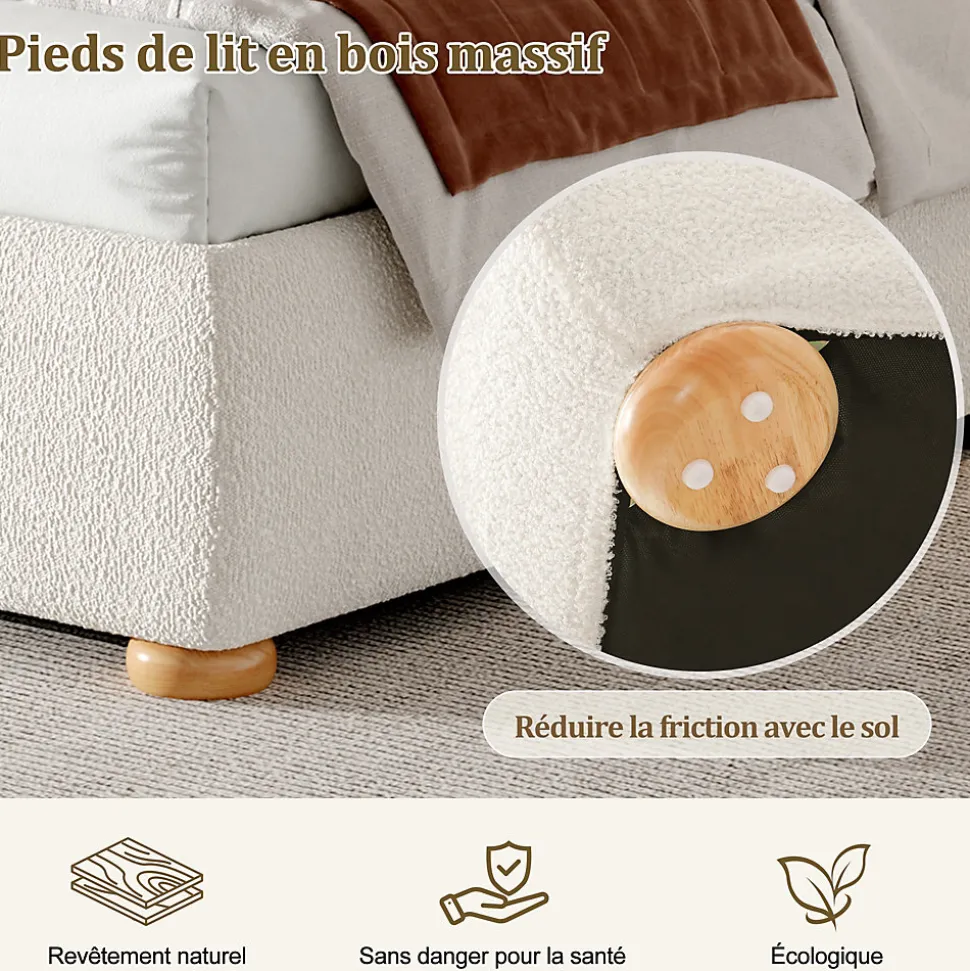 Lit coffre rembourré 140x190 cm avec rangement - Tête de lit rembourrée - Sommier à lattes - Tissu bouclé - Blanc(sans matelas)